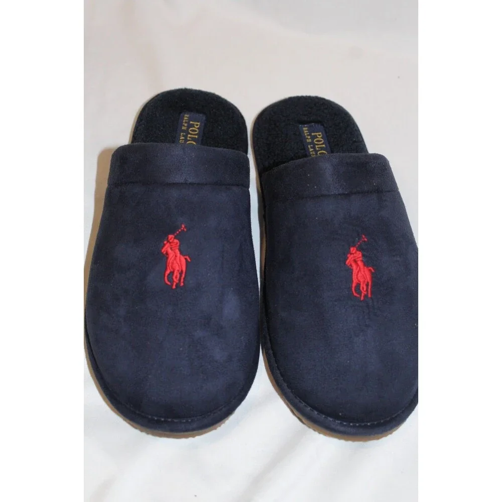 NIB POLO RALPH LAUREN MEN'S SLIP ON LOGO SCUFF HORSE SLIPPERS NAVY BLUE SZ‎ 9